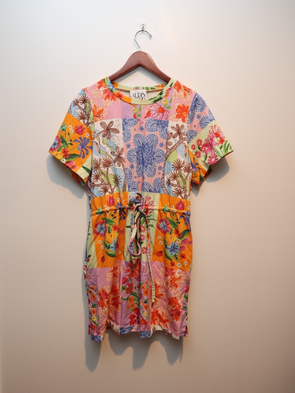 Alden Adair Multicolor Floral Patchwork Drawstring Mini Dress Size L
